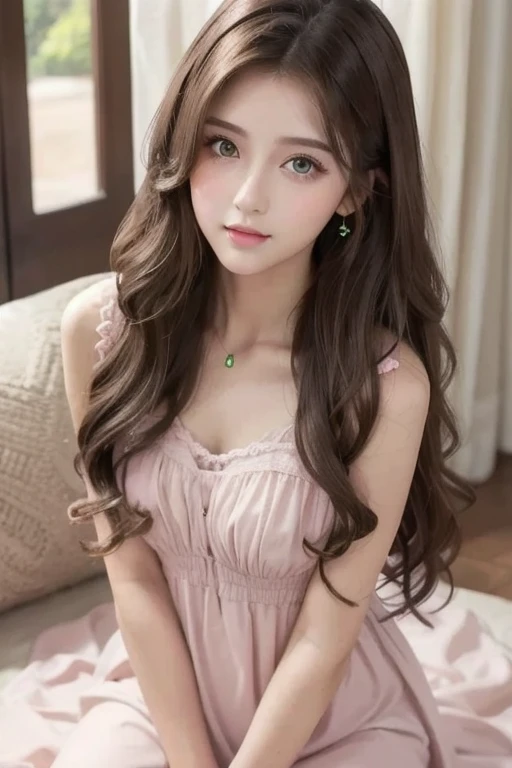 Wavy long hair, Brown Hair,  One girl ,  Emerald Eyes ,  pink lips, Pastel Green Dress,