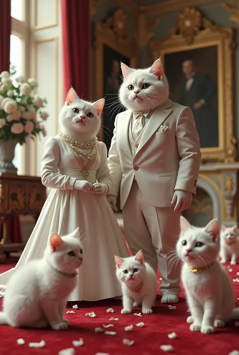 A family of white cats, dressed in elegant human clothes, prepare for a grand ball, but their little ones cause chaos before the event.