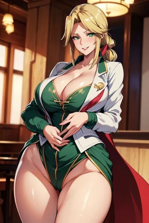 woman, huge boobs with green eyes highlight huge breasts with very red lips,Big Ass,Slim waist, long legs ,8k (( anime style, Smiley Smile ,What we are looking for,Face mischievous face, cinematic pictures ))( anime style) ( green eyes is solid)8k(Staring ...