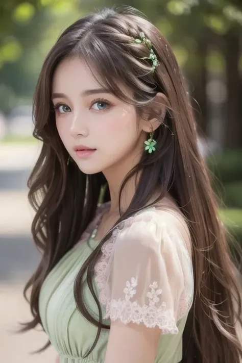 Wavy long hair, Brown Hair,  One girl ,  Emerald Eyes ,  pink lips, Pastel Green Dress,