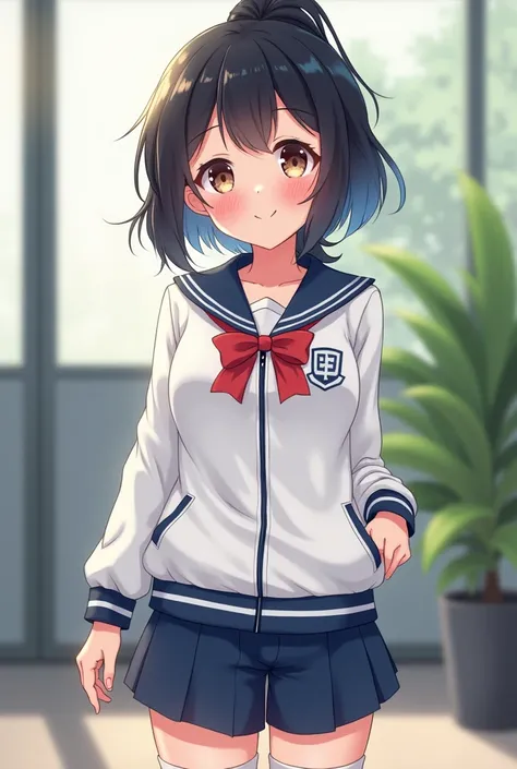 cute, girl, , 6th elementary school student, black hair, Bob- Half up-short ponytail, school track suit, white knee-high socks, big bust, (((shiny skin))), blush, smile, (see-nipples)