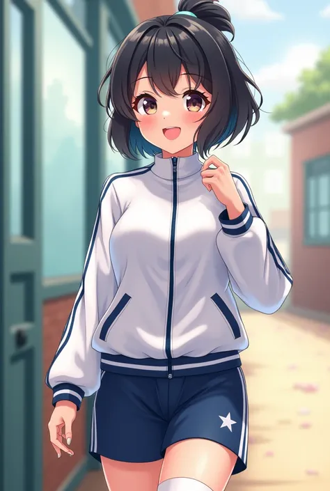 cute, girl, , 6th elementary school student, black hair, Bob- Half up-short ponytail, school track suit, white knee-high socks, big bust, (((shiny skin))), blush, smile, (see-nipples)