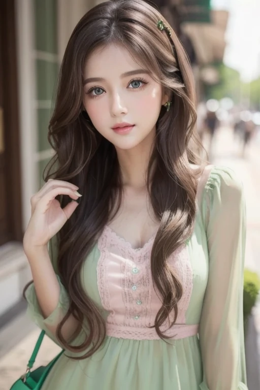 Wavy long hair, Brown Hair,  One girl ,  Emerald Eyes ,  pink lips, Pastel Green Dress,