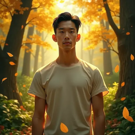 Chàng trai trẻ Việt Nam, about 24 years old , has beautiful eyes,  high nose , short hair, wear short-sleeved shirts, standing in the middle of a forest full of falling yellow leaves 