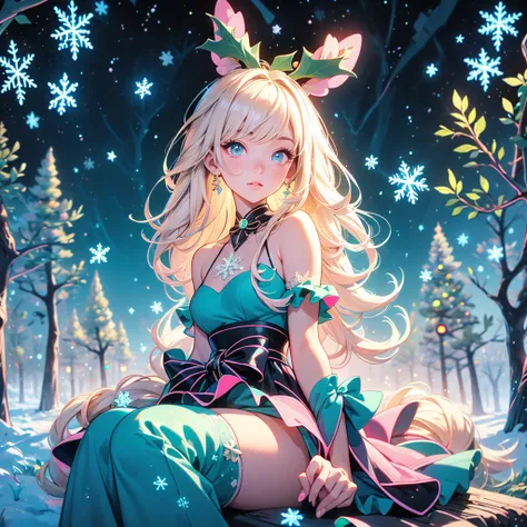  One girl ,Chibi、  best details、 cute、  Neon Color Gradation Hair Color、  snowman、  Snowflake  、 fantasy、  absurd、 neon lights enhance the  cuteness、世界一 cute絵、  Christmas light 、  fantasy、 Alice in Wonderland、