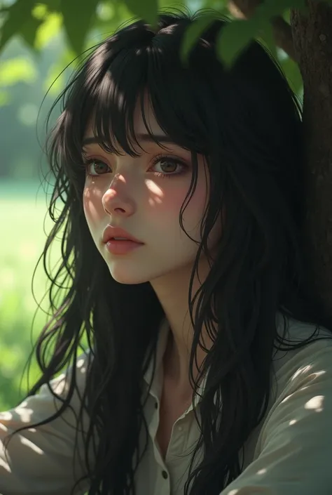 Ultra-realistic image of a ,  digital ultra HD image , Kanon photo image ,  A woman with long black hair, brunette and pretty,  crying a lot with tears on your cheeks , Your grieving face ,  image quality maximum resolution , 8k, pixel balancing ,  she is ...