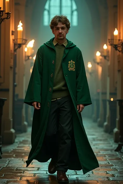 Generate an image of a young man at Hogwarts wearing Slytherins robes 