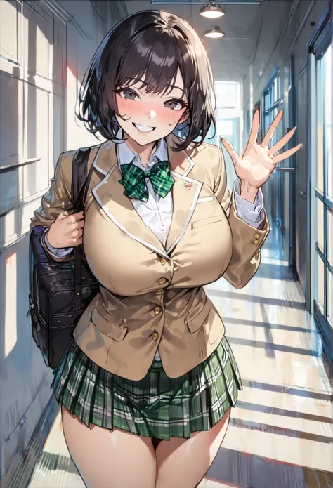 top quality, masterpiece,  high res, 8k,  anatomically correct human body, ((( 1 girl))), Alone, ( The Dark Basement ),  expressive dark black eyes , mature woman, (((Bob))), ((( black hair))),  Big Breasts High School Girl, ((( uniform with green plaid mi...