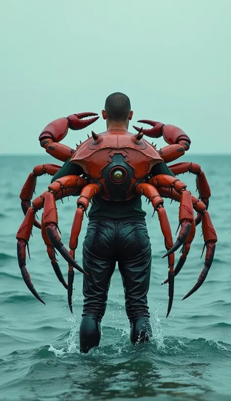 a man standing in the ocean with a crab on his back, jordan peterson as a lobster, aquaman aesthetic, doc ock, vecna from stranger things, cosplayer dressed like a Dangerous Angry crab, six arms, cinematic full body shot, male medusa, cyborg octopus, alter...