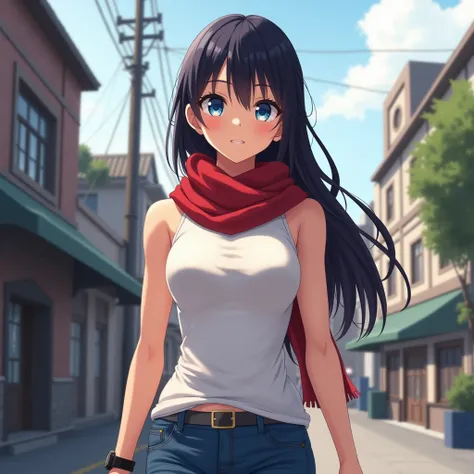 anime girl, blue eyes, long dark hair, side-swept bangs, white form-fitting tank top, jeans, black arm watch, muscular arms, wearing red scarf, anime girl, walking, at town, looking around, red wool scarf