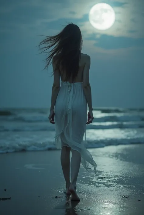 The womans pale skin contrasted sharply against the silvery-white moonlight, reflecting the luminescence of the moon, making her seem almost ethereal. Her bare feet were covered in sand, each step leaving a trail in the soft surface, the sound of water lap...