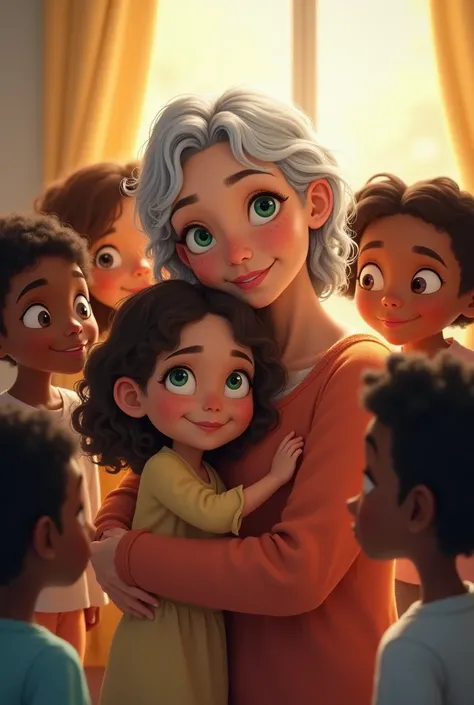  Create a grandmother with her granddaughter in her arms both white-skinned the granddaughter has honey-colored hair and green eyes, Put 7 black-skinned ren around them . 