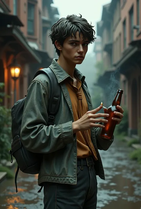 Student statue with cigarette and beer bottle smelling dust