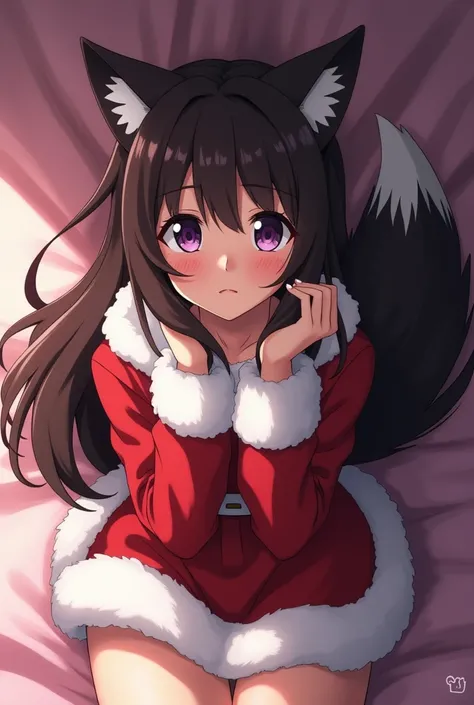 Screenshot of My Hero Academia Young woman with long loose brown hair a little dark and cl, lilac eyes with wolf ears and tail Attractive with a blushing and shy look a little serious, pretty, beautiful. dressed as santa lying seductively on a bed full bod...