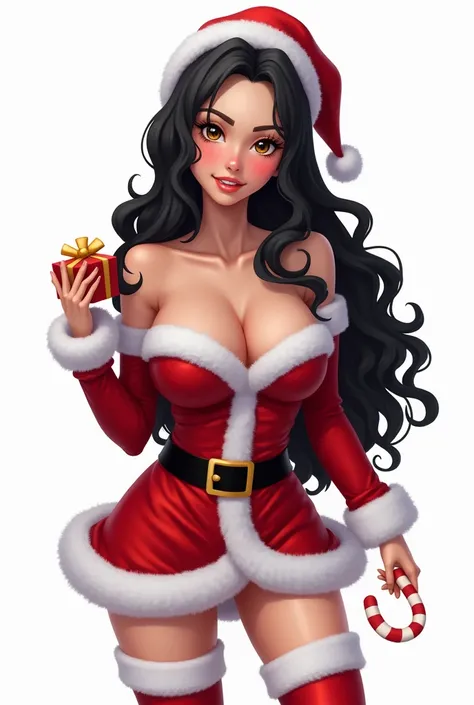  High quality image, 8K HD in a beautiful cosplay style with exaggerated waifu features. bright colors. Beautiful waifu mother Claus with dark skin and wavy black hair .  The face may be empty or have a hole to insert a 300 pixel Ultra HD .  She must wear ...