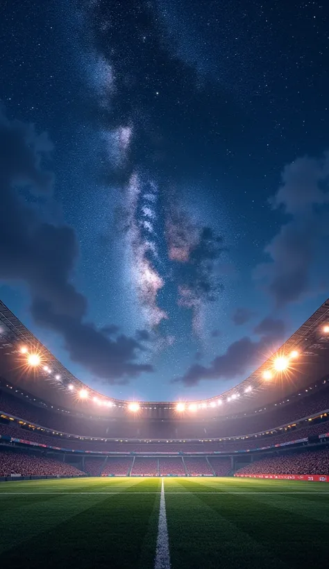 A stunning football stadium at night, with bright floodlights illuminating the field, and a galaxy full of stars in the background. The sky should feature a vivid Milky Way with deep blue and purple hues. The perspective should highlight the grandeur of th...