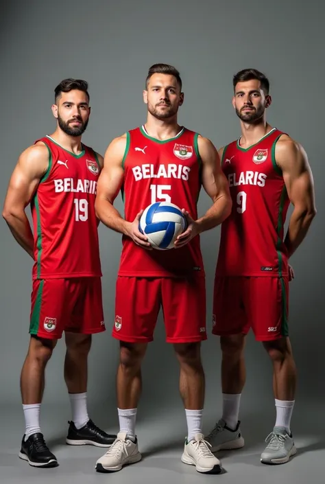 Three Belarus Guys, Athlete, volleyball Player, Photoshoot, at grey studio background, holding a ball, ultra hd, detailed face, detailed skin, detailed hair, highly detailed, wear red, green Belarus official jersey, Standing Full Body
