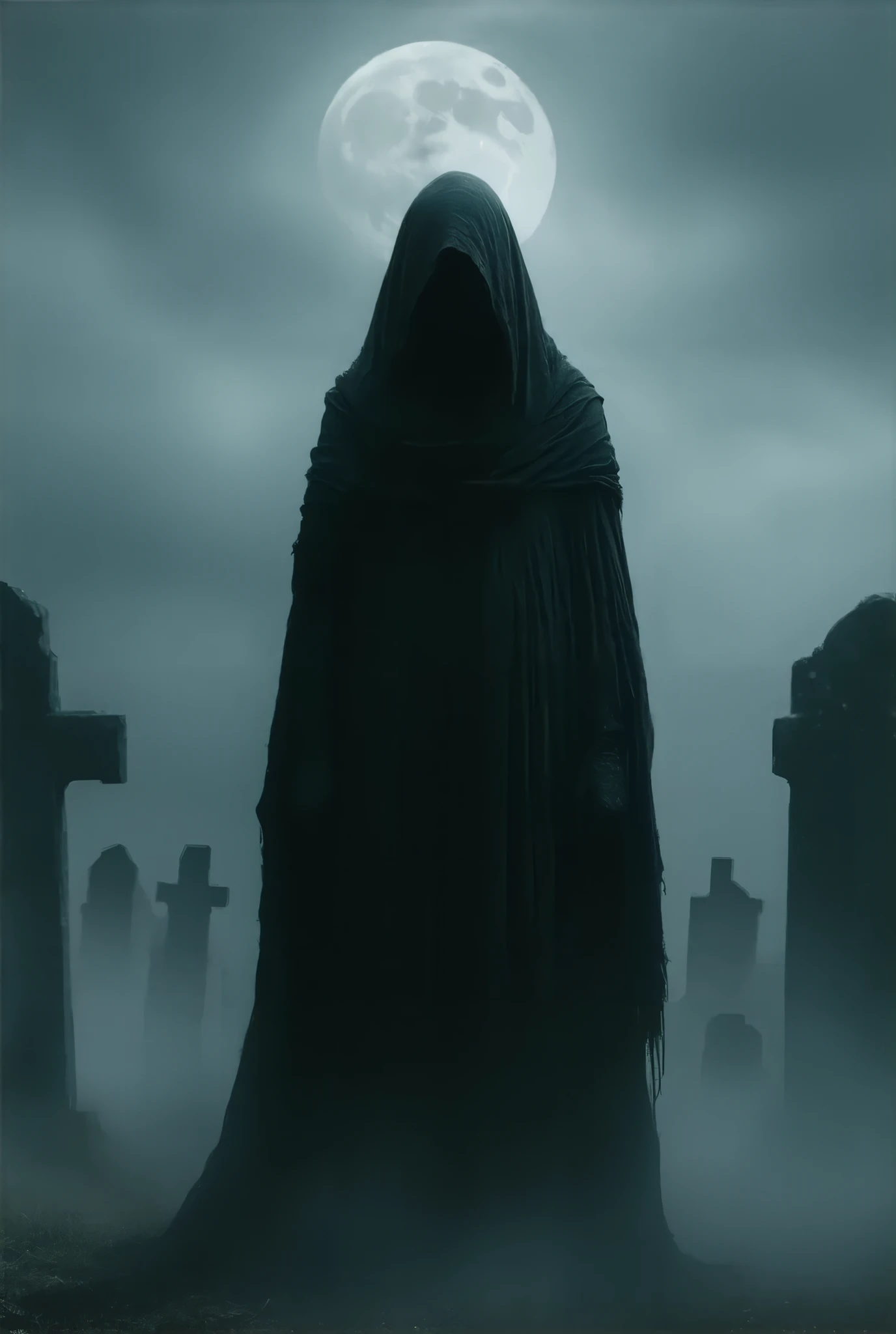 wraith, tattered black hooded robe, faceless, full body, at a distance, standing in an ancient graveyard, foggy, full moon, high detail, hyper realistic, masterpiece.
