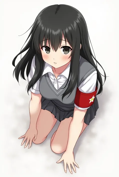 Hypnotized, confident schoolgirl, red armband with star emblem, long black hair, black eyes, female, 1girl, gray uniform, white shirt, knee-length skirt, crawling pose, soft lighting, neutral background, subtle mischievous expression
Fnf art style