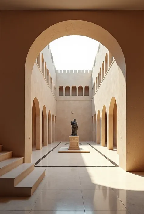 Create an rendered point of view image of a interior lobby of a museum that has artificial lighting and modern style with a small statue of romans in jerash in the middle and on its left there is a one way stairs goes for the next level and in the backgrou...