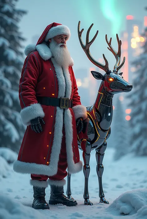 A futuristic Santa Claus in a sleek, metallic red-and-silver suit with glowing LED accents, standing beside a cyber-enhanced reindeer with mechanical antlers and glowing eyes. The background is a mix of a snowy winter forest and a futuristic city skyline, ...