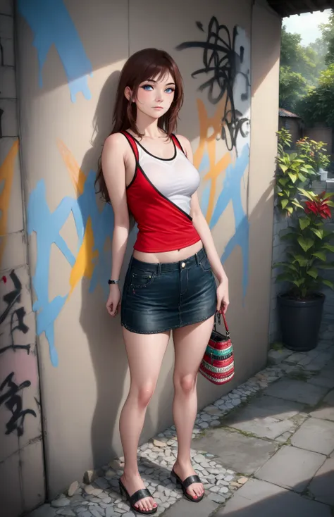 pretty young woman is leaning to graffiti wall, garden surround here, BREAK, she has dark-brown  shoulder-length hair,  wearing multicolored tank top (+pastel-red top, white top), dark denim pencil mini skirt, red and black heel sandals, BREAK, (1girl, sol...