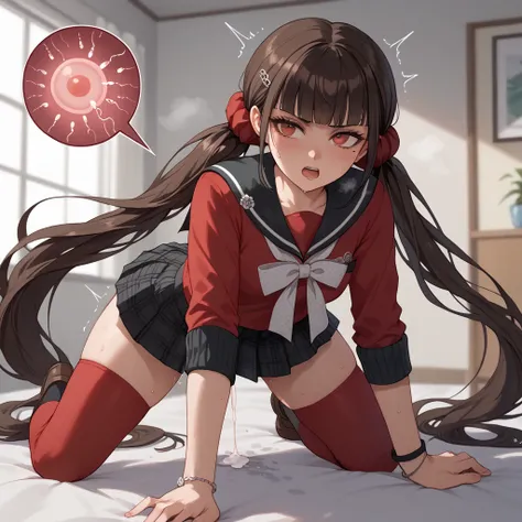 harukawa maki, long hair, bangs, brown hair, black hair, hair ornament, red eyes, twintails, very long hair, hairclip, blunt bangs, mole under eye, low twintails, scrunchie, hair scrunchie, red scrunchie,skirt, shirt, thighhighs, long sleeves, bow, school ...