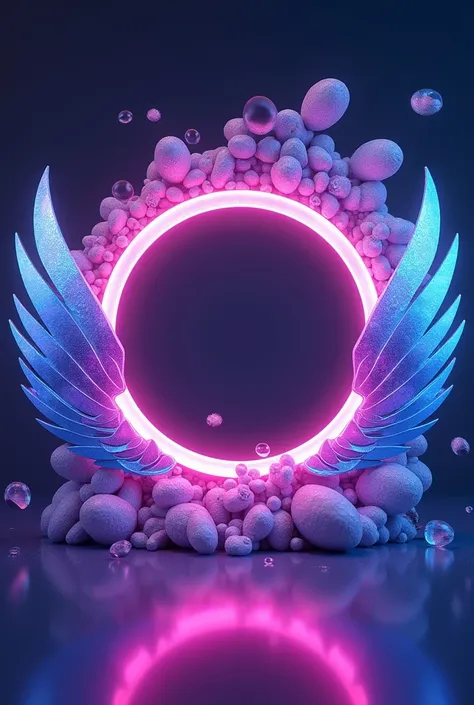 3D logo fram circle for photo on the left and right there are blue color wings bright flaming purple combination there is a iridescent ribbon,, SAYAP BIRU,, realistic synthetic 