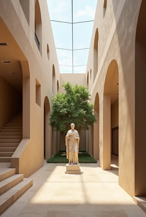 Create an rendered point of view image of a lobby of a museum that has a small statue of romans in jerash in the middle and on its left there is a one way stairs goes for the next level and in the background of the statue there is a small rectangular green...