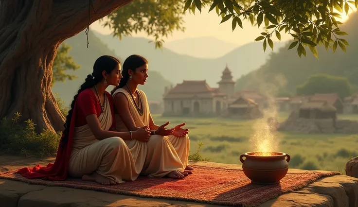 Third Wish Discussion
"Ramlal and Savitri sitting together on a charpai (woven bed) under a tree, discussing the third wish. Ramlal looks determined, while Savitri gestures toward the village, suggesting helping others. The magical pot sits nearby, glimmer...