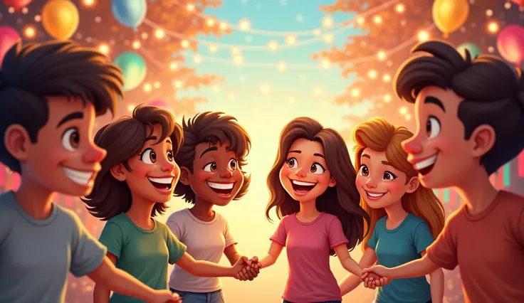 Smiling faces of people, holding hands, surrounded by festive decorations, glowing lights, and cheerful ambiance. Cartoon

