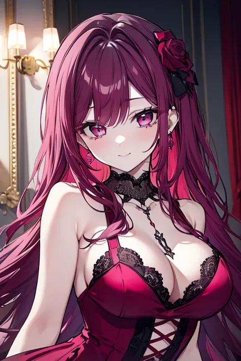 1girl, beautiful burgundy and pink purple long hair, rose gown, sexy lace dress, piercing, party venue, captivating smile, soft bust, moonlight, high quality, 8k, detailed, photorealistic, ultra-detailed, masterpiece, intricate details, lavish, elegant, gl...