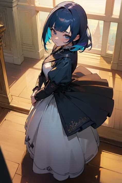 (masterpiece:1.4), (best quality:1.4), extremely detailed, intricate, hyper detailed, illustration,soft lighting, scenic, 1girl, disgust, Navy blue hair, colorful, colorized, from_above ,vampire_costume , runway 