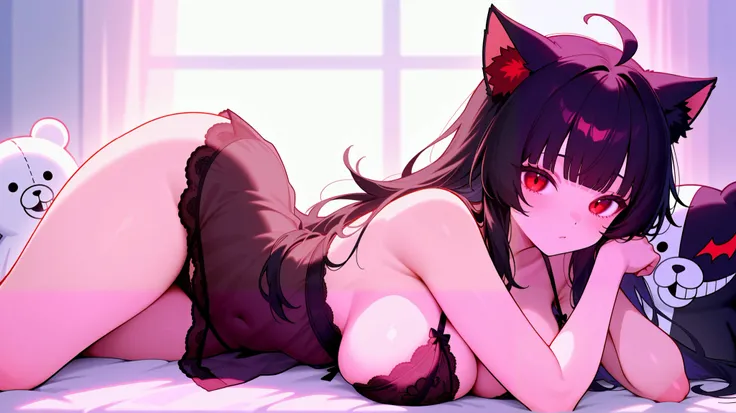 Me with big breasts, ((1 cat girl)) ((black hair, Ahoge, straight bangs,)), Long hair, ((beautiful red eyes)) sharp eye, Beautiful skin, extremely sexy body, pretty face, Red eyes, beautiful breasts, black and white lingerie and stuffed (モノクマ Monokuma), an...