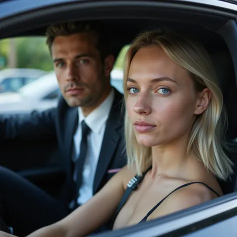  A man in an elegant suit , He is the driver of a billionaire teenager ,   with very fair skin, glowing blue eyes and platinum blonde hair ,  both go inside the car and the man drives and she is in the back seat. 