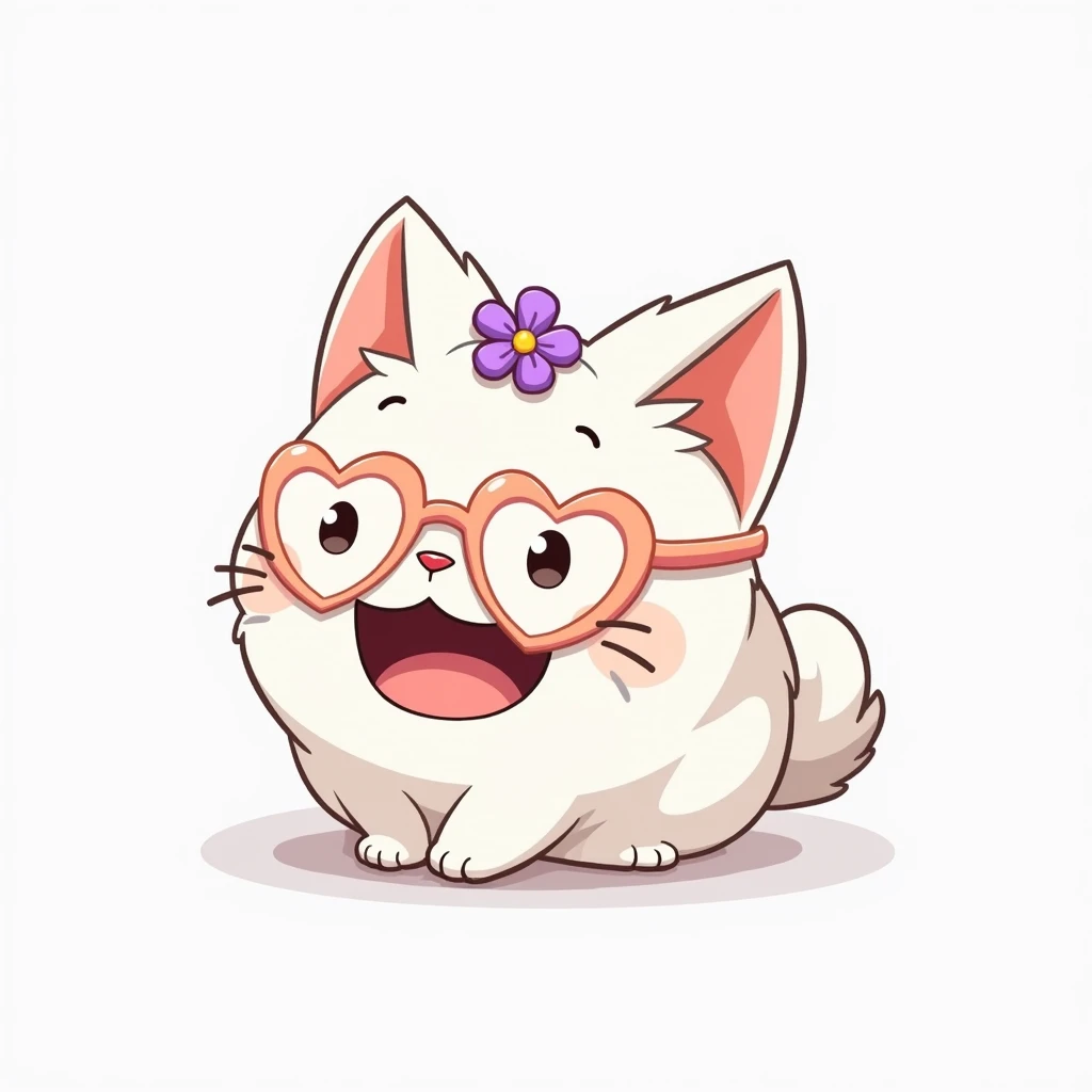 A cartoonish, white cat, sitting in the center of the image. It has large, expressive eyes, a wide, open mouth revealing a tongue, and a playful expression. The cat is wearing heart-shaped glasses in a light peach/pink color. A small purple flower is on it...