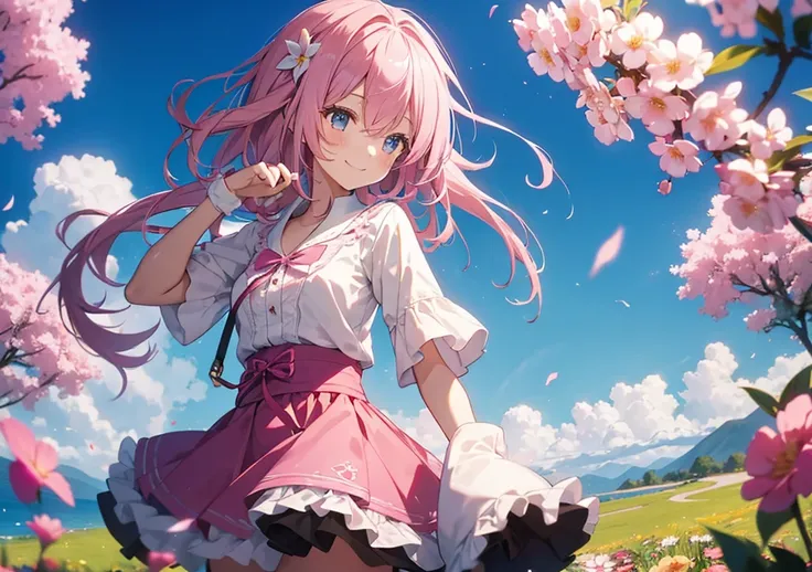 A scene of a beautiful pink-haired girl playing with her friends using magical toys. Her fluffy hair is blowing in the wind, her bright smile is shining, and colorful magical flowers are blooming behind her