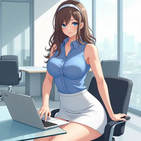 anime girl, blue eyes, brown hair, sleeveless blue blouse, collars, form-fitting, white pencil skirt, loafers, knee-length hemline, hips, white hairband, muscular arms, sitting in office, glass desk, typing on laptop