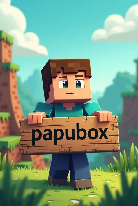 Create a Minecraft Steven holding a sign that says papubox with letters and Minecraft