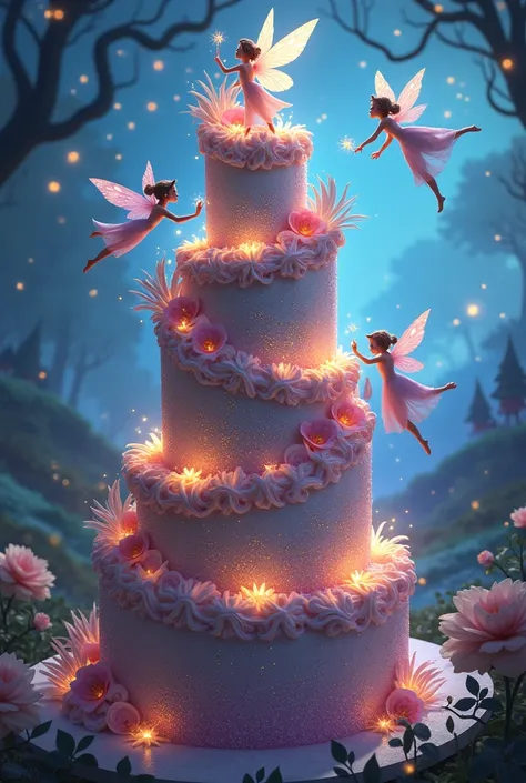 A three-story ,  cake with lots of glitter and lots of fairies and witches 