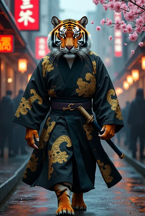 Japanese Mafia Boss (Tiger):
"A regal Bengal tiger dressed in a black and gold kimono with traditional Japanese patterns, such as sakura blossoms and waves, walking confidently through a neon-lit Tokyo street. The tiger carries a sheathed katana, symbolizi...