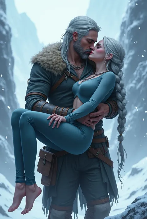  A stylized version of Ciri ,  is being carried fainted in the arms of a tall man and Strong .  She has silver hair in a long and elegant braid , } with some loose threads framing her face .  She wears pants that only go up to her leg , And her feet are le...