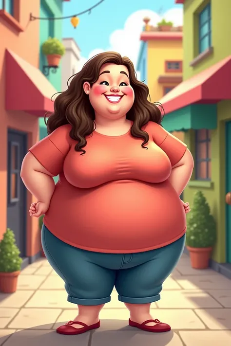 Cartoon of a chubby woman with long hair 