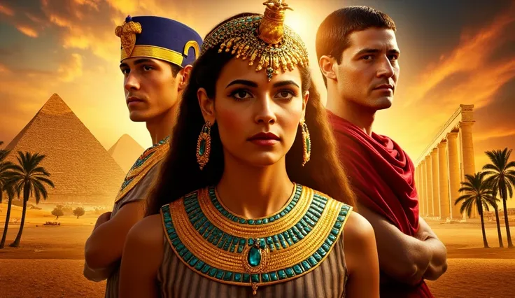 Create a hyper-realistic, cinematic movie poster featuring Cleopatra as the captivating central figure, framed by Ptolemy XIII and Julius Caesar against a dramatic Egyptian backdrop. Cleopatra radiates beauty and power, wearing an intricate golden headdres...