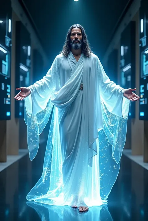 "Imagine Jesus Christ as a super realistic hologram, floating in a futuristic environment. He is designed with translucent bluish and white lights, with intricate details that show off his serene face, long hair and beard. His robe appears digital, glowing...