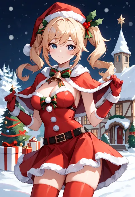 score_9, score_8_upper, score_7_upper, high quality ,masterpiece ,最high quality ,One girl , Beautiful Skin, character_barbara_Genshin Impact ,(santa hat), (santa costume, santa girl skirt) red capelet, neck bell, red elbow gloves, red thigh highs, smile ,c...