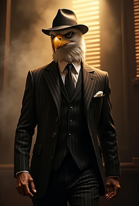 American Mafia Boss (Eagle):
"A proud bald eagle dressed in a 1920s pinstripe suit with a fedora tilted slightly forward, walking through a smoky, dimly lit speakeasy. The eagles talons grip a lit cigar, and its sharp eyes exude dominance. A jazz band play...