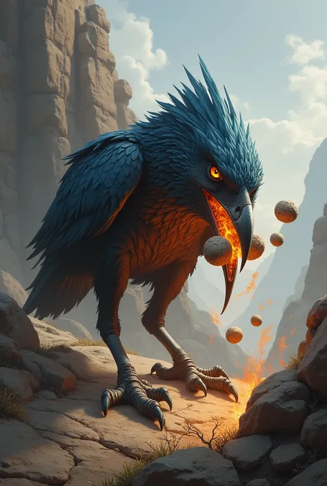 a bird biting rocks in its beak carries small rocks with fire