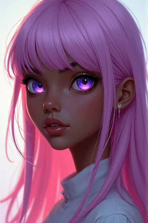 A 16-year-old dark-skinned boy with long pink hair and purple bangs and eyes, a thin, fluffy and slightly feminine face. 