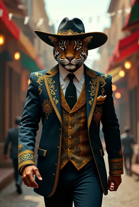 Mexican Mafia Boss (Jaguar):
"A majestic jaguar in a dark, tailored suit with intricate golden embroidery resembling Aztec designs, confidently walking through a bustling Mexican marketplace. The jaguar wears a charro-style hat tipped low, adding an air of...